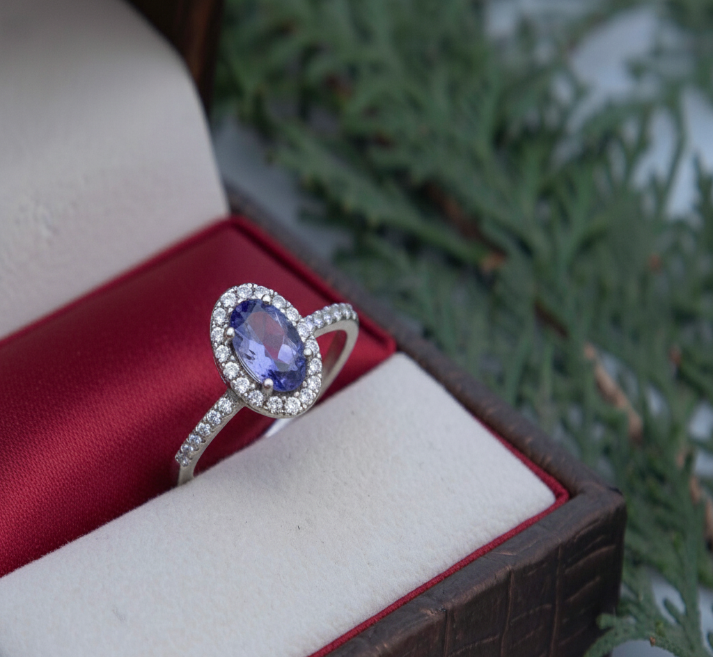 925 Sterling Silver Tanzanite and White CZ Engagement Ring