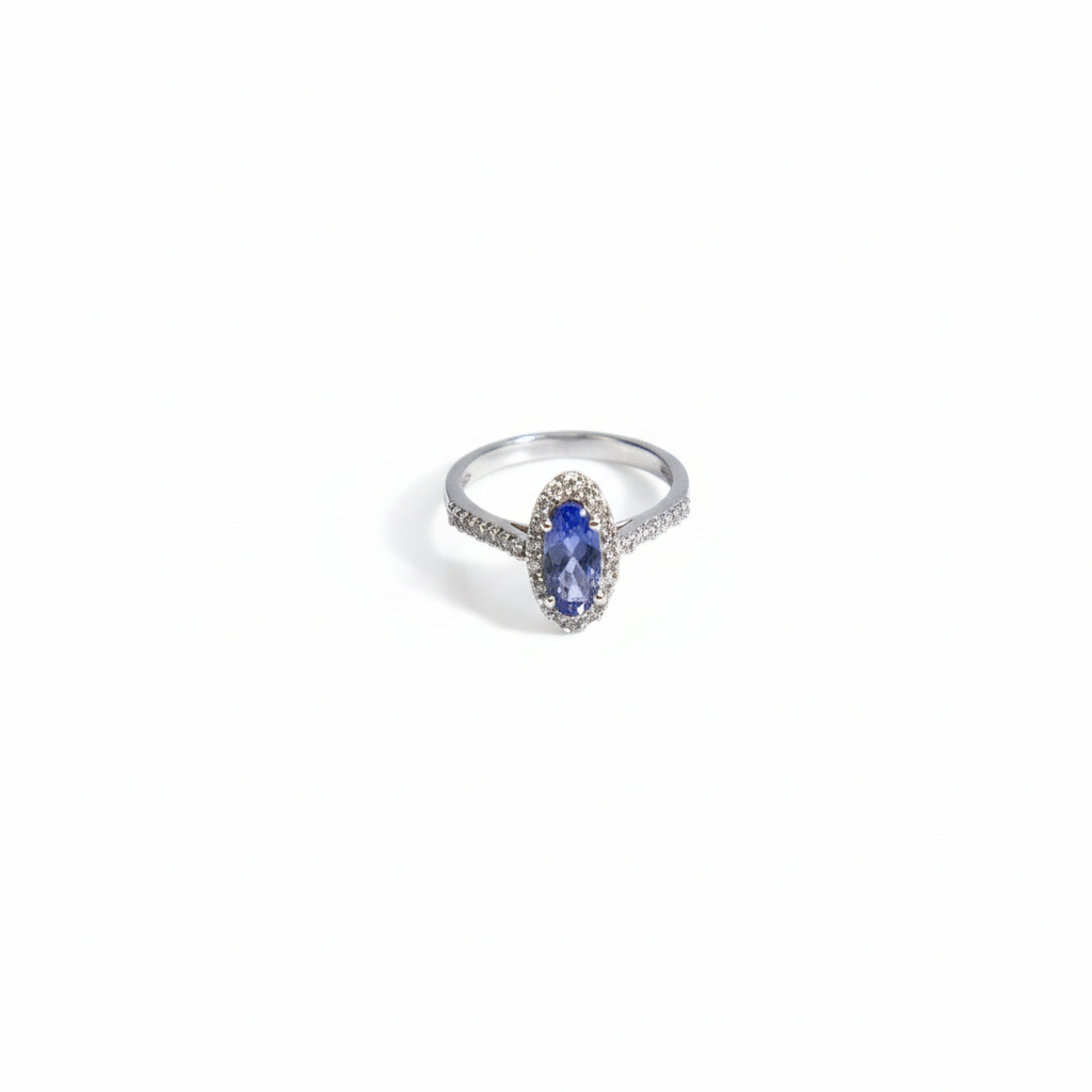 925 Sterling Silver Tanzanite and White CZ Engagement Ring