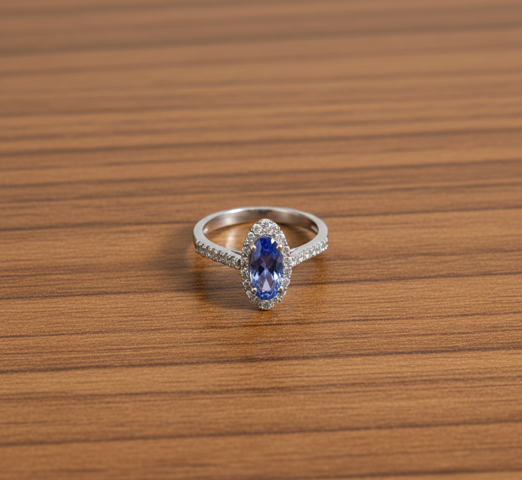 925 Sterling Silver Tanzanite and White CZ Engagement Ring