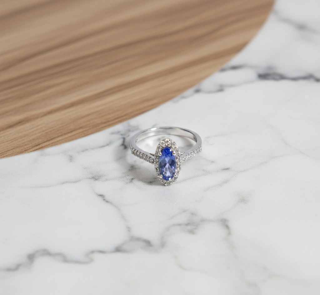 925 Sterling Silver Tanzanite and White CZ Engagement Ring