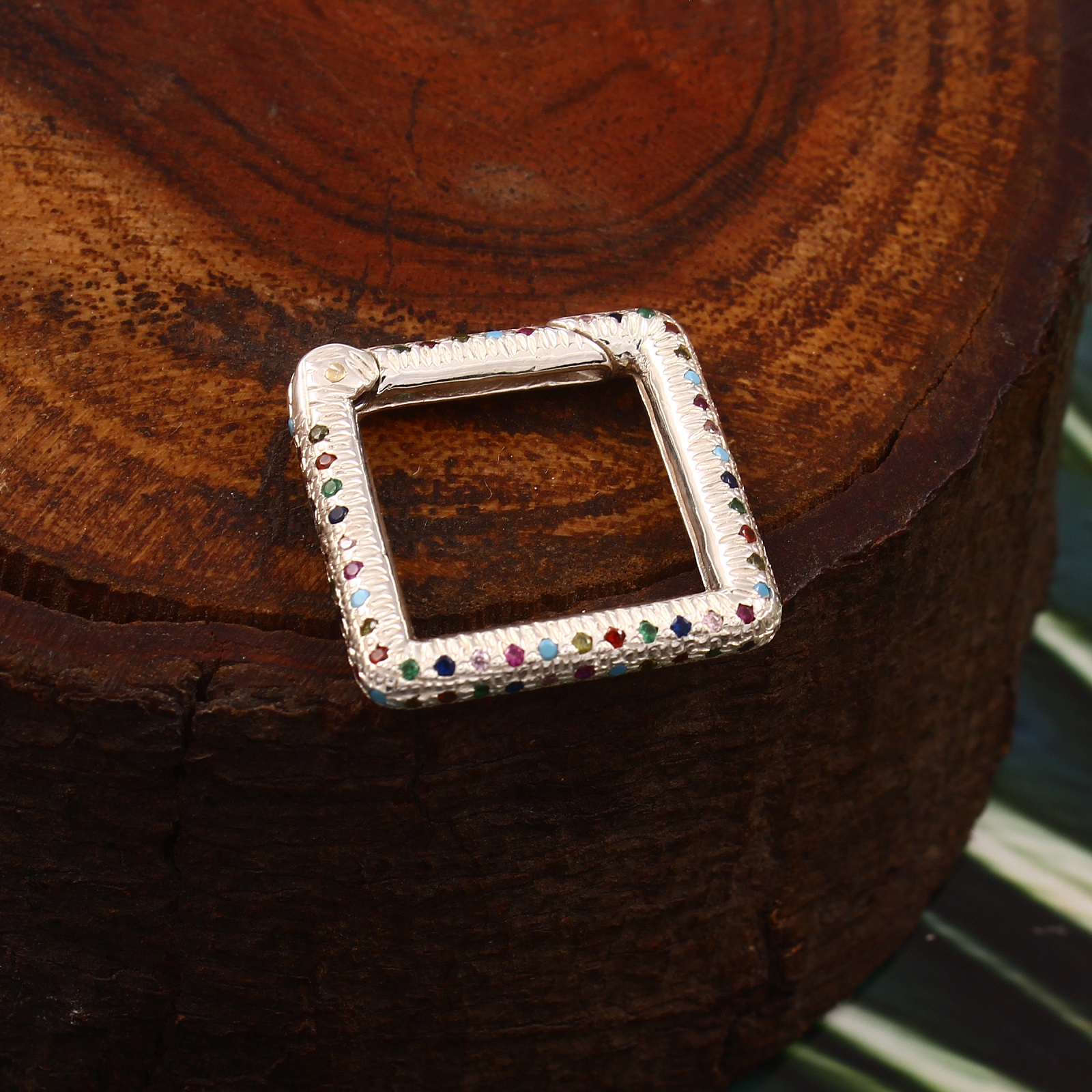 Gold Plated 925 Sterling Silver Multi-Color CZ Carabiner Square Lock Charms