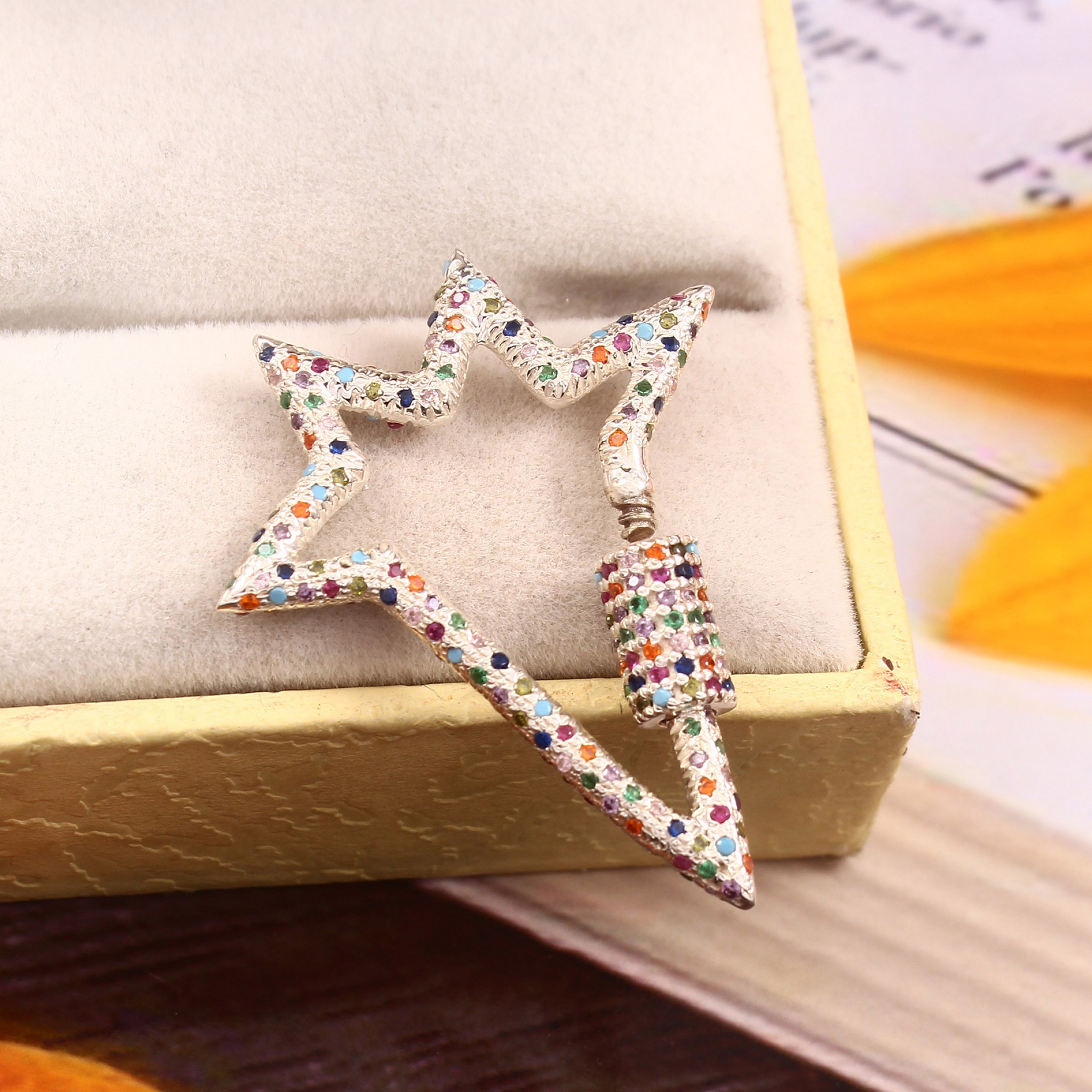 925 Sterling Silver Multi-Color CZ Carabiner Big Star Lock Charms