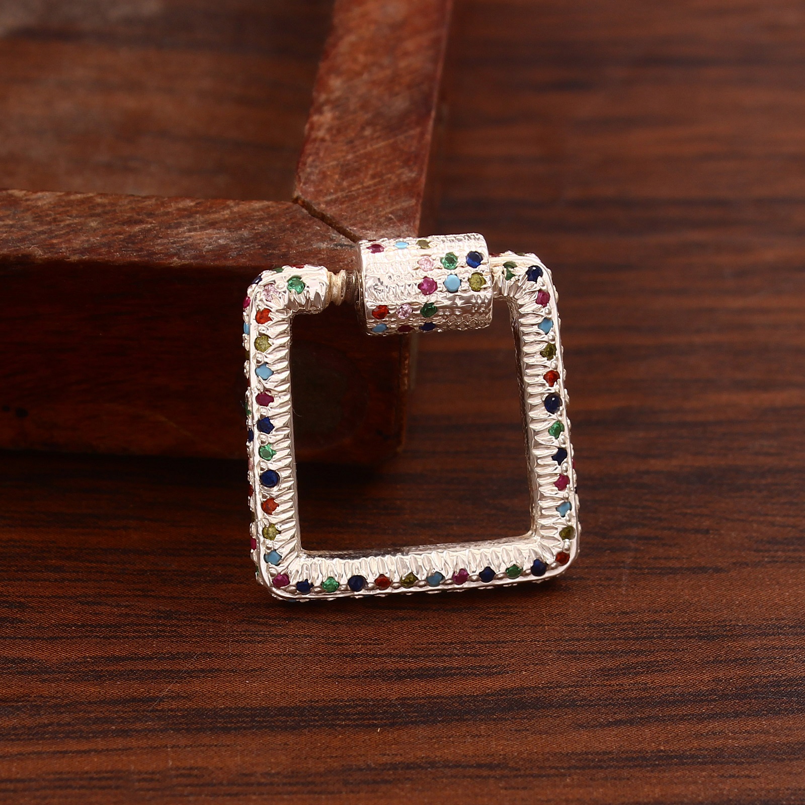 Square Carabiner Lock Pendant & Charm 925 Sterling Silver with Multi-Color CZ