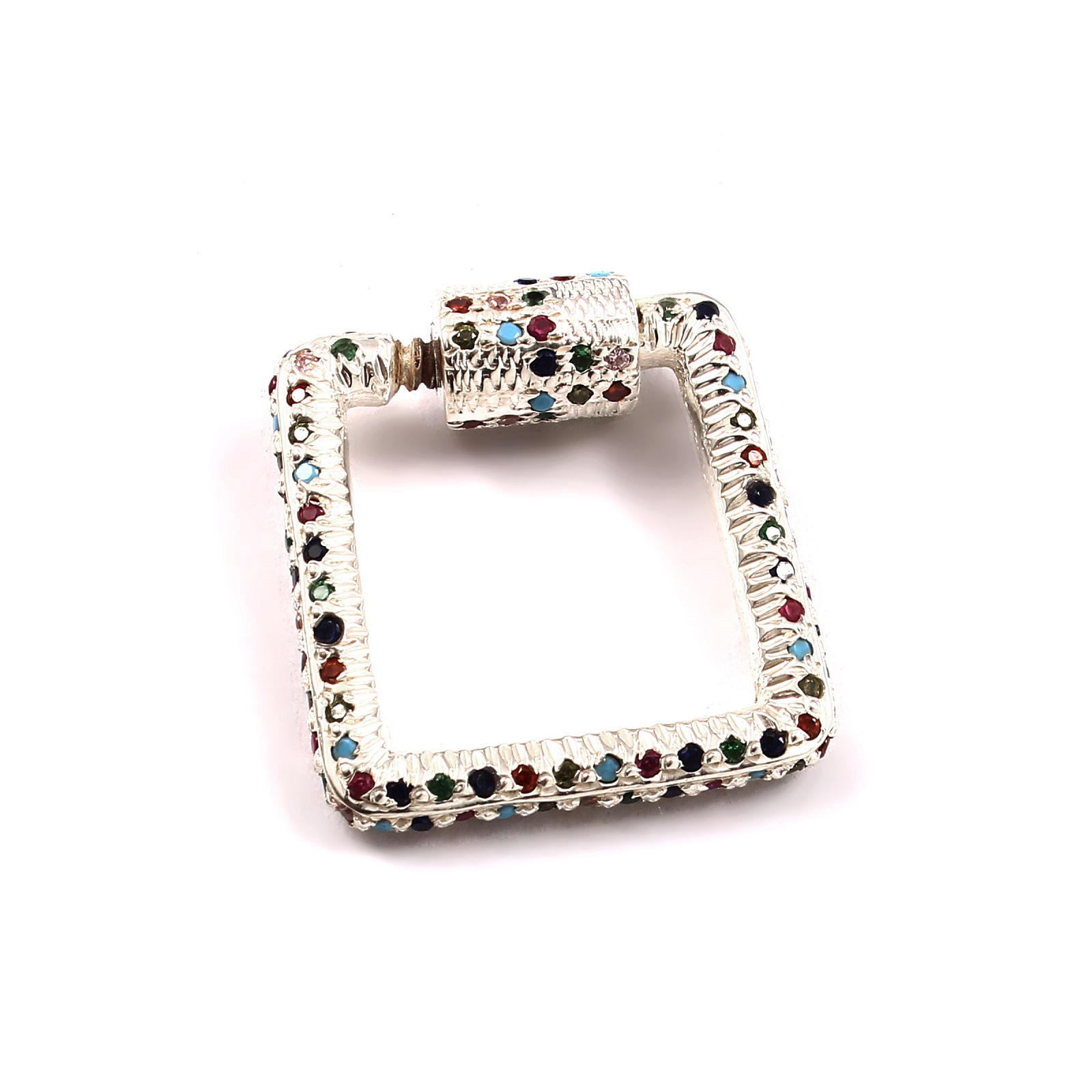 Square Carabiner Lock Pendant & Charm 925 Sterling Silver with Multi-Color CZ