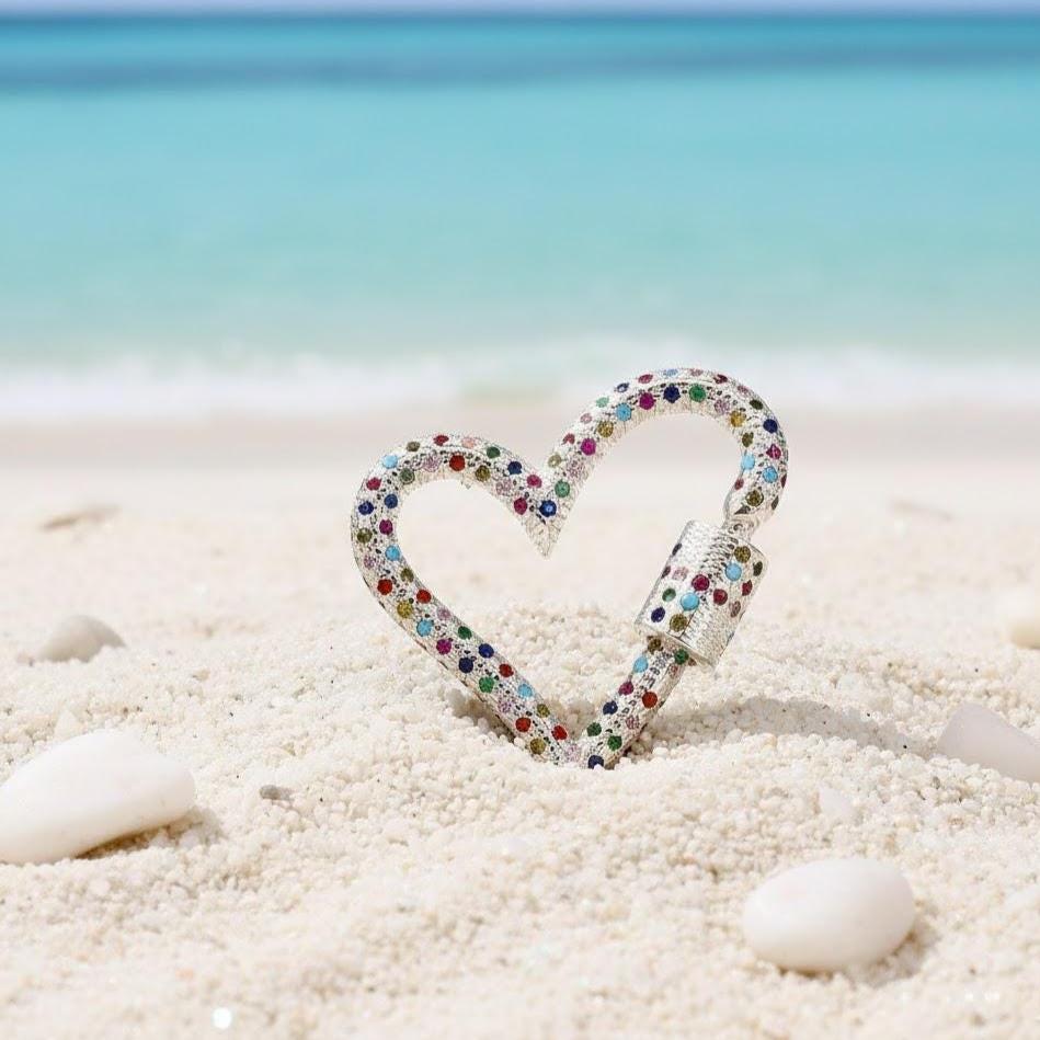 Heart Shape Carabiner Lock 925 Sterling Silver With Multi-Color CZ