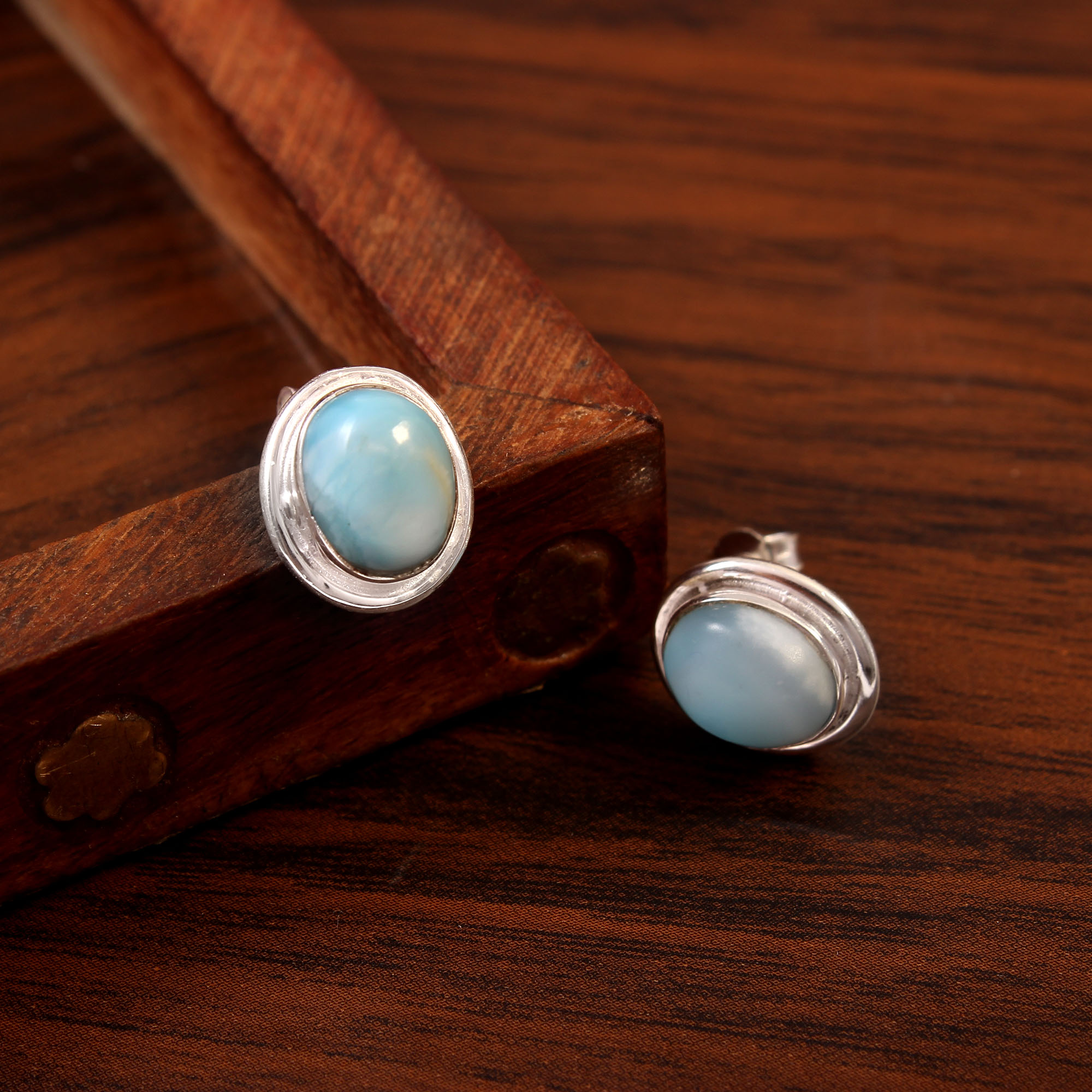 925 Sterling Silver Bezel Setting Cute Trendy Larimar Stud Earrings