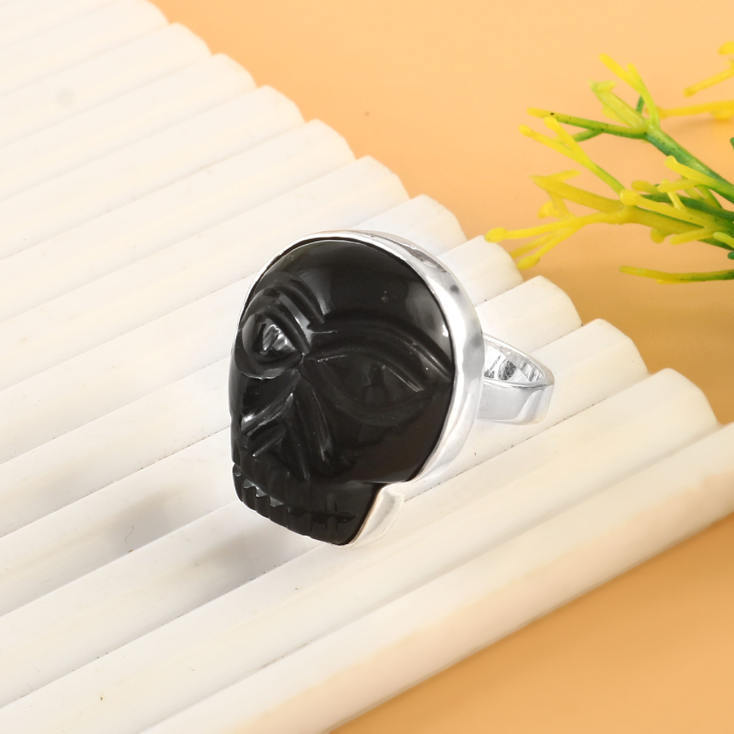 Hand-Carved Black Onyx Skull Ring in 925 Sterling Silver with Bezel Setting