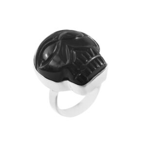 Hand-Carved Black Onyx Skull Ring in 925 Sterling Silver with Bezel Setting
