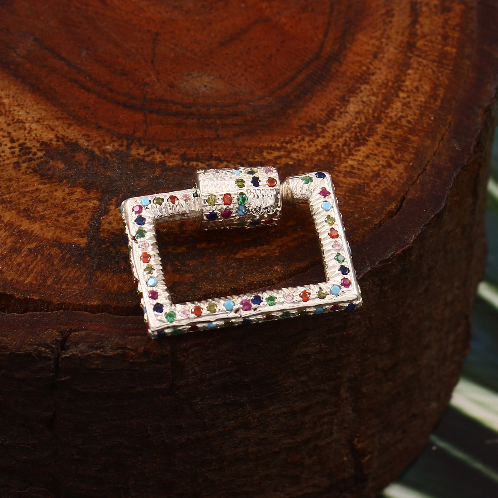 925 Sterling Silver Multi-Color CZ Carabiner Rectangular Shape Lock