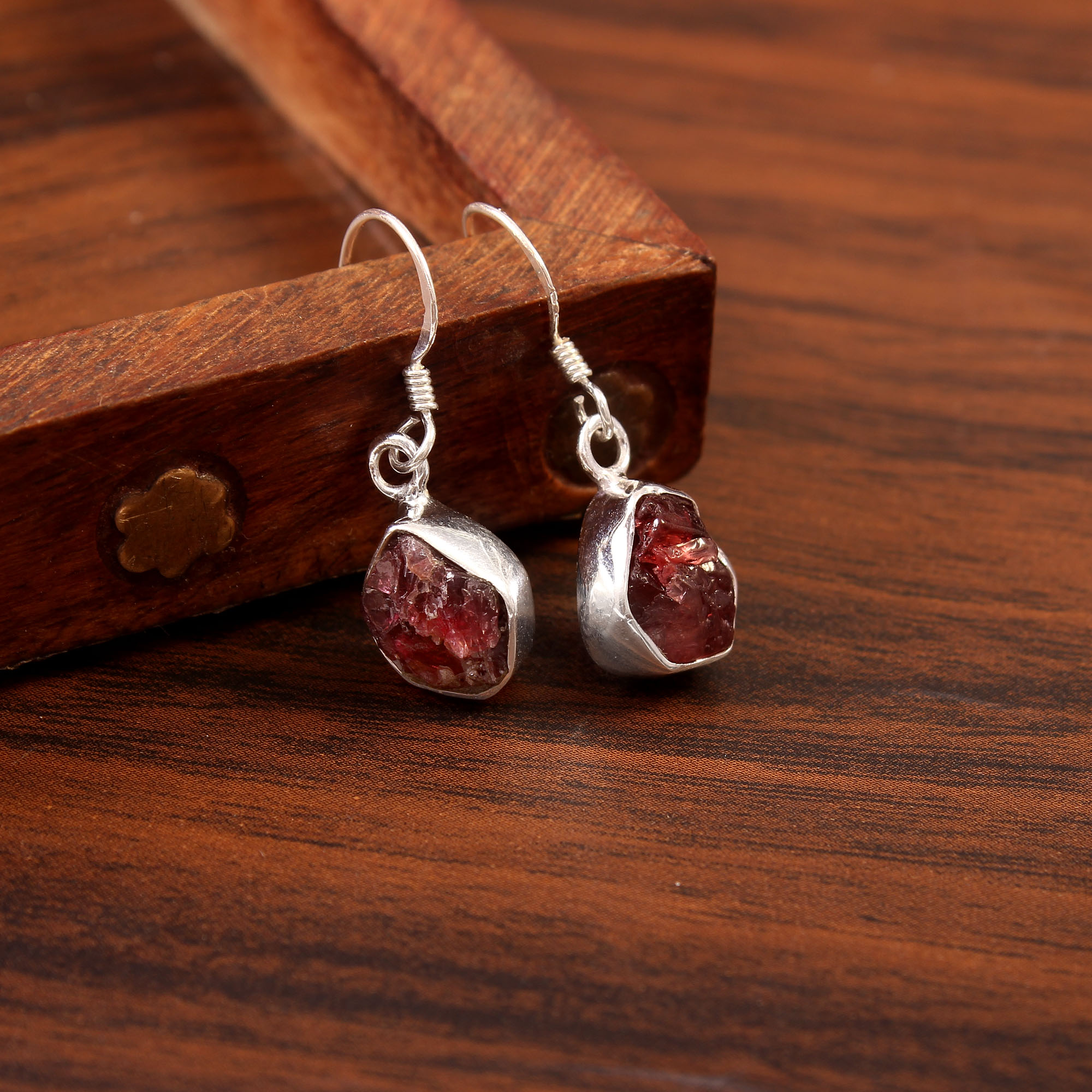 925 Sterling Silver Raw Garnet Gemstone Drop Earrings