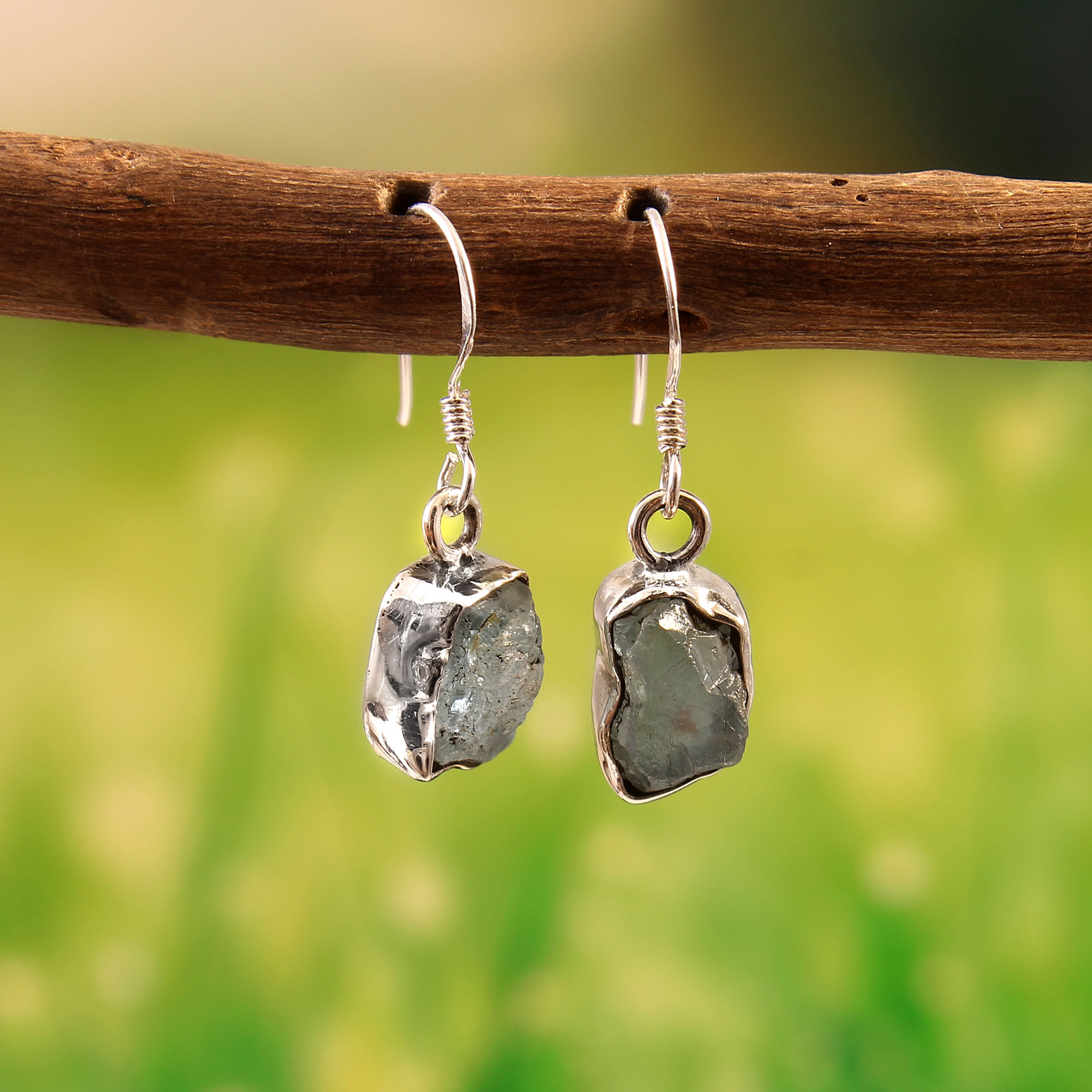925 Sterling Silver Raw Aquamarine Gemstone Drop Earrings