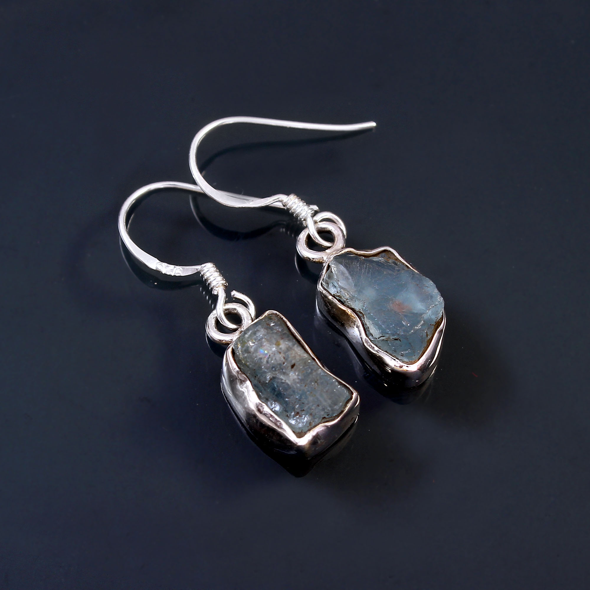925 Sterling Silver Raw Aquamarine Gemstone Drop Earrings