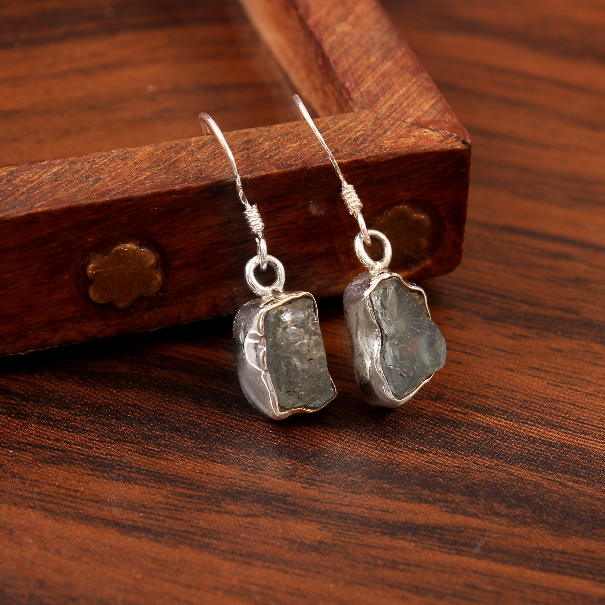 925 Sterling Silver Raw Aquamarine Gemstone Drop Earrings