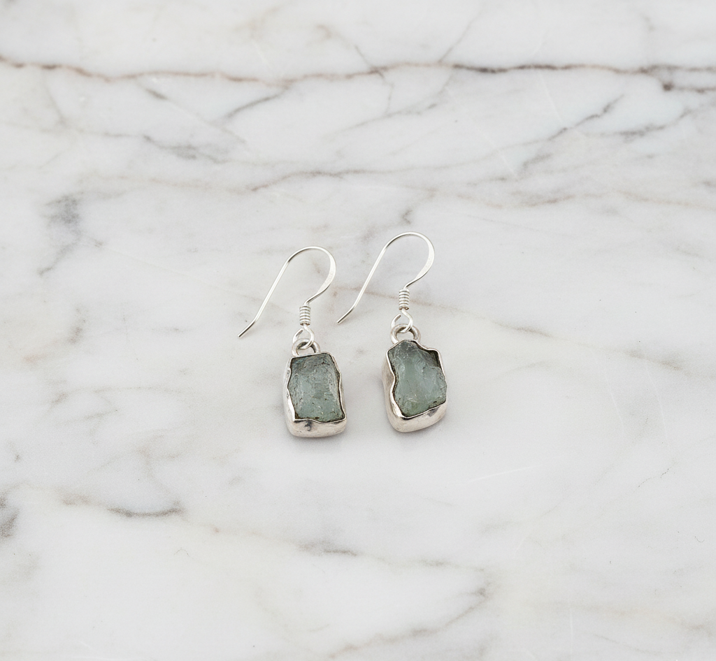 925 Sterling Silver Raw Aquamarine Gemstone Drop Earrings