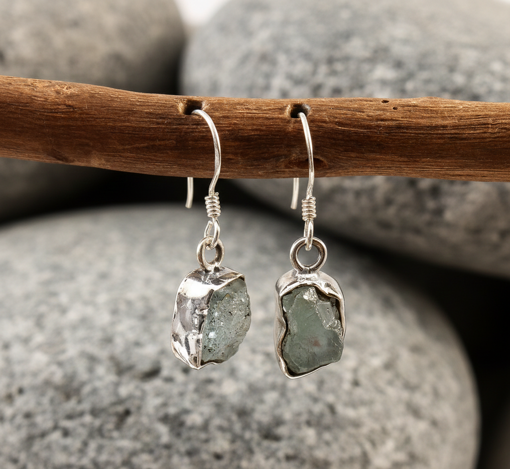 925 Sterling Silver Raw Aquamarine Gemstone Drop Earrings