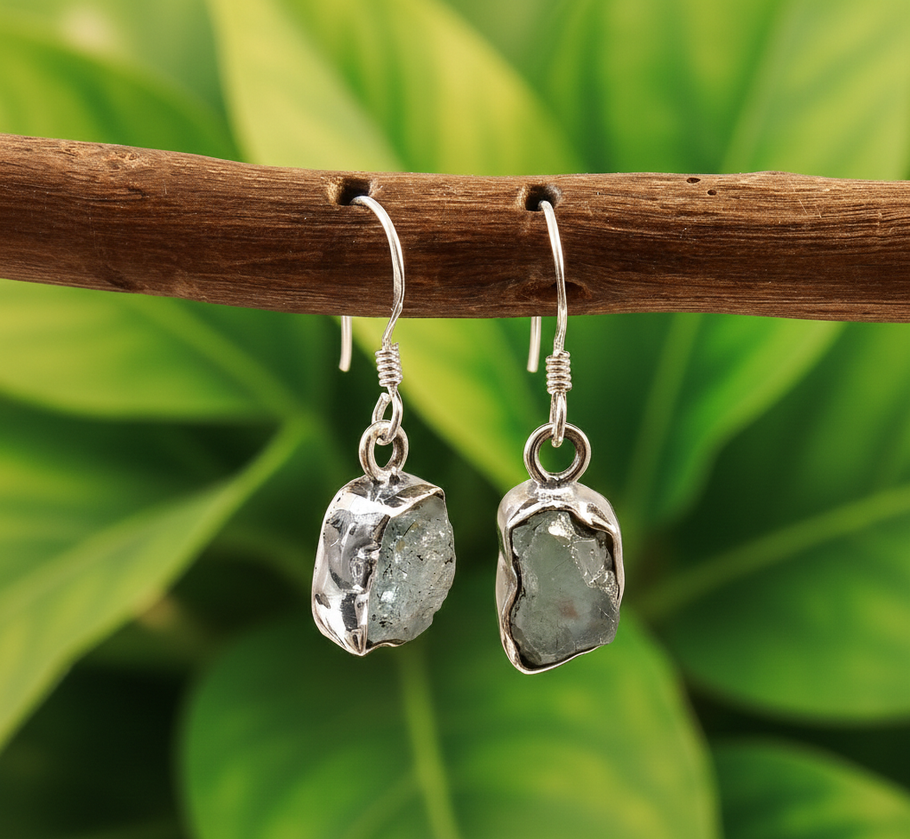 925 Sterling Silver Raw Aquamarine Gemstone Drop Earrings
