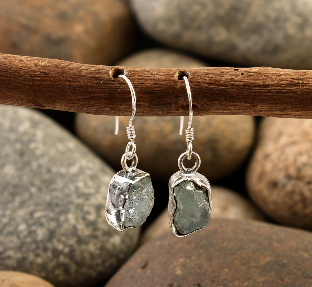 925 Sterling Silver Raw Aquamarine Gemstone Drop Earrings