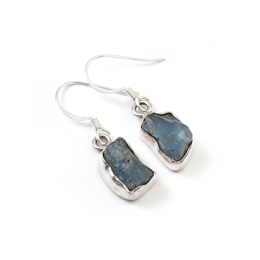 925 Sterling Silver Raw Aquamarine Gemstone Drop Earrings