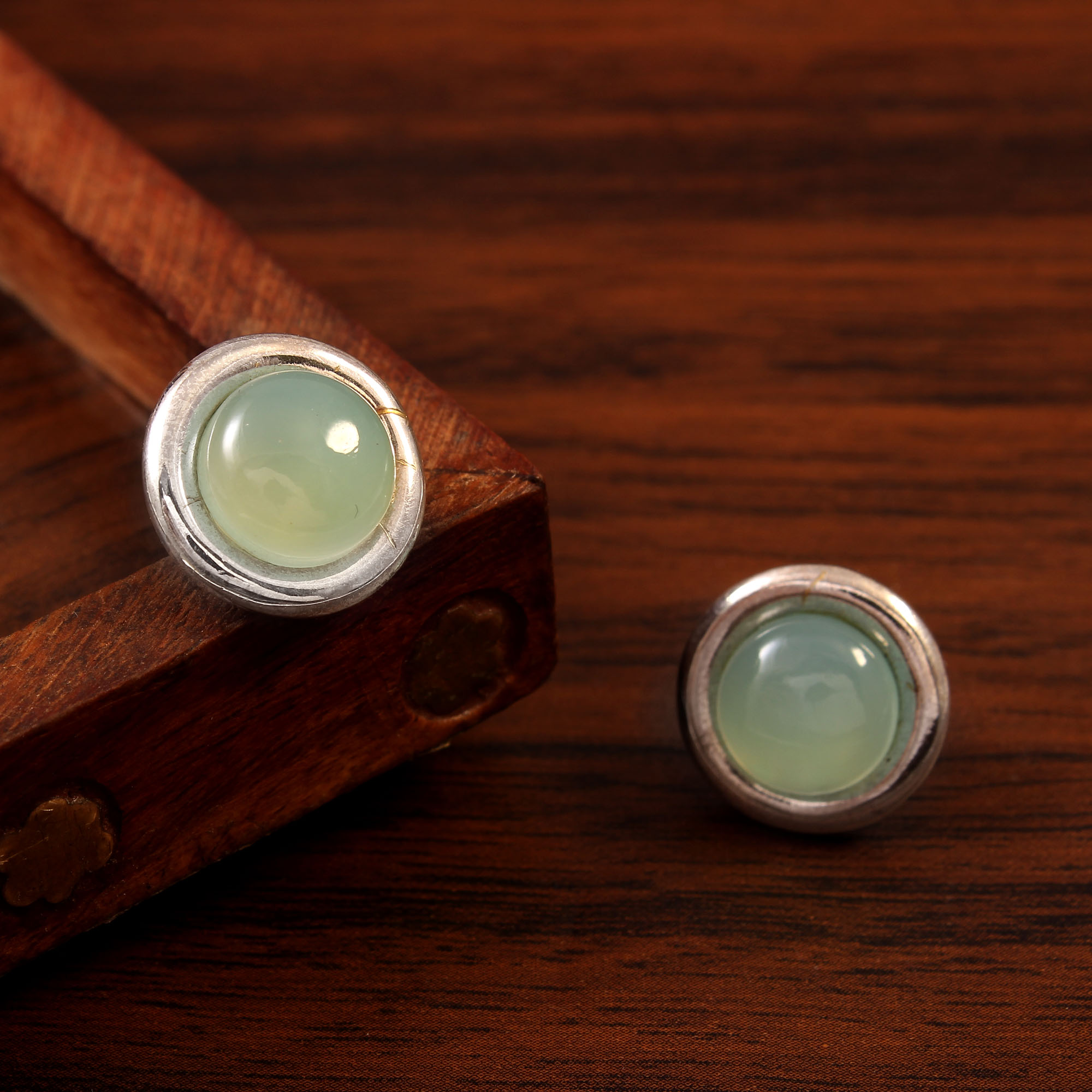 925 Sterling Silver Bohemian Style Aqua Chalcedony Stud Earrings