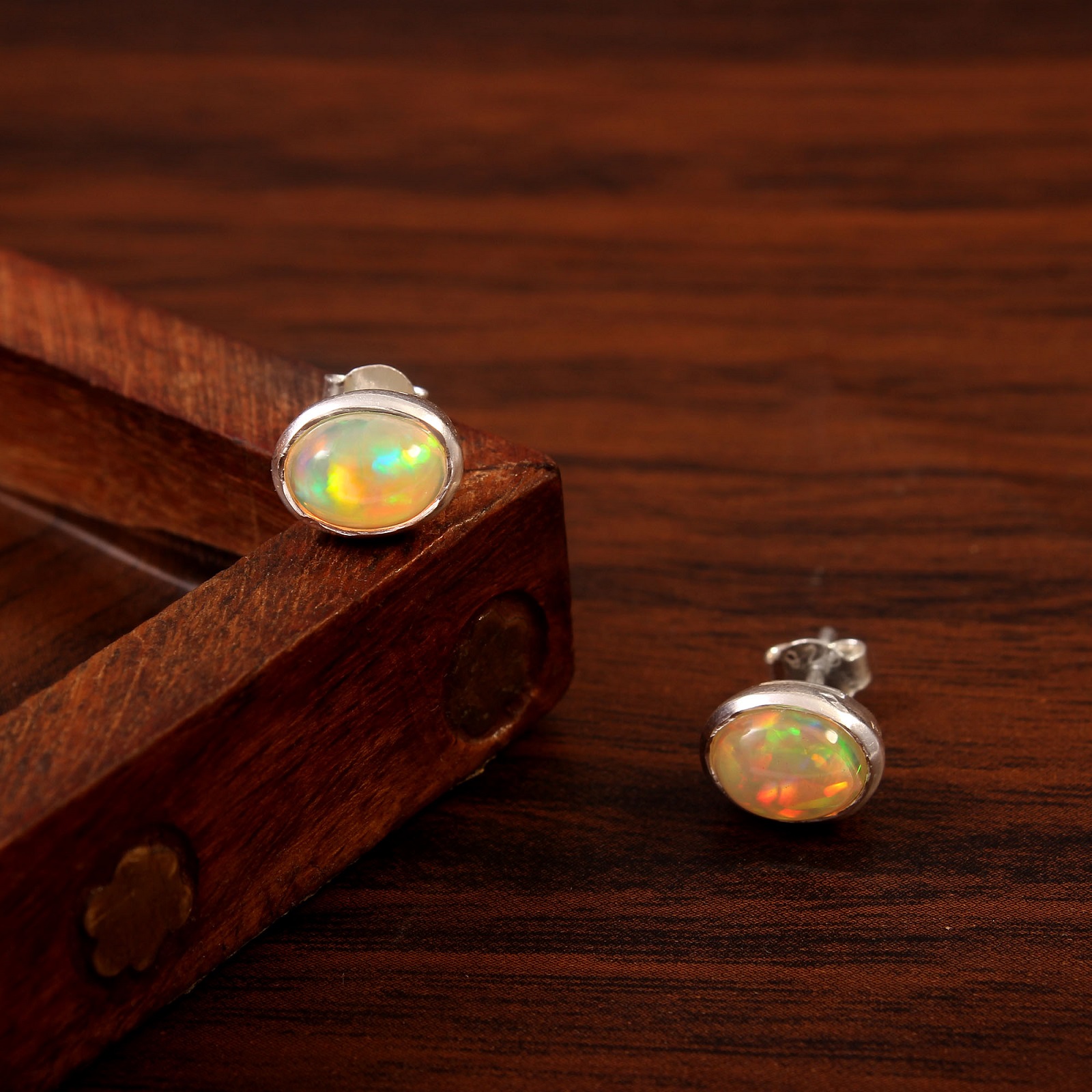 925 Sterling Silver Bezel Setting Opal Gemstone Stud Earrings