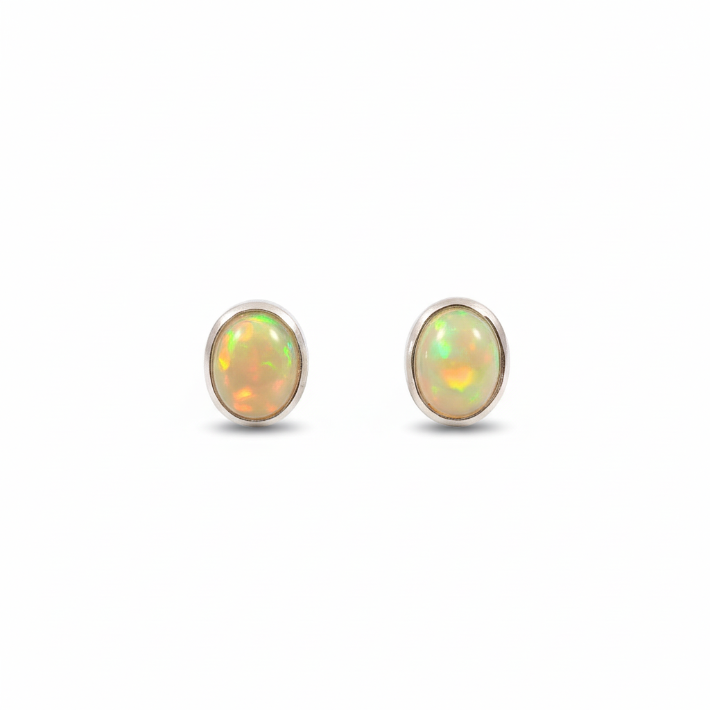 925 Sterling Silver Bezel Setting Opal Gemstone Stud Earrings