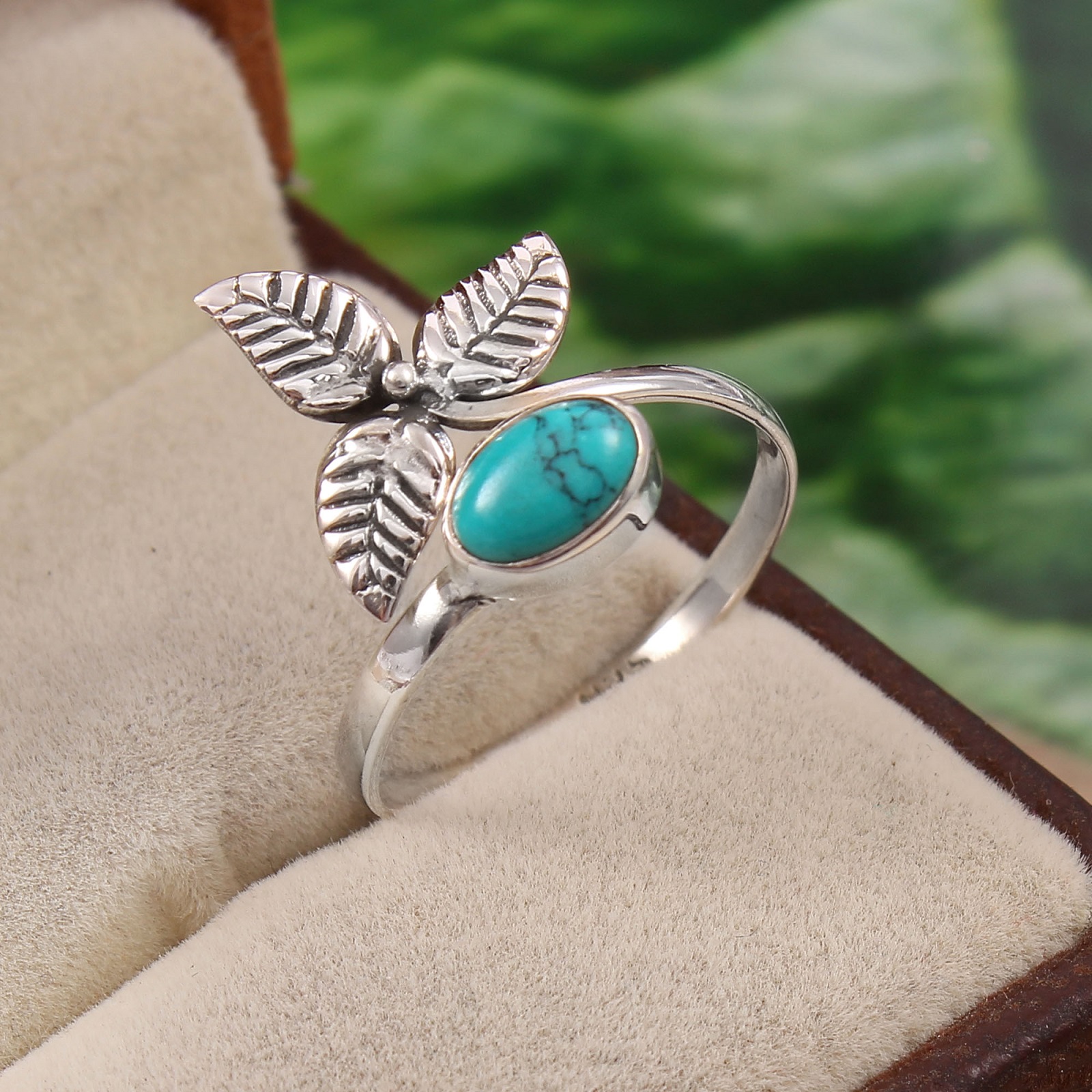 Leaf Design Ring In 925 Sterling Silver With Oval Turquoise ...